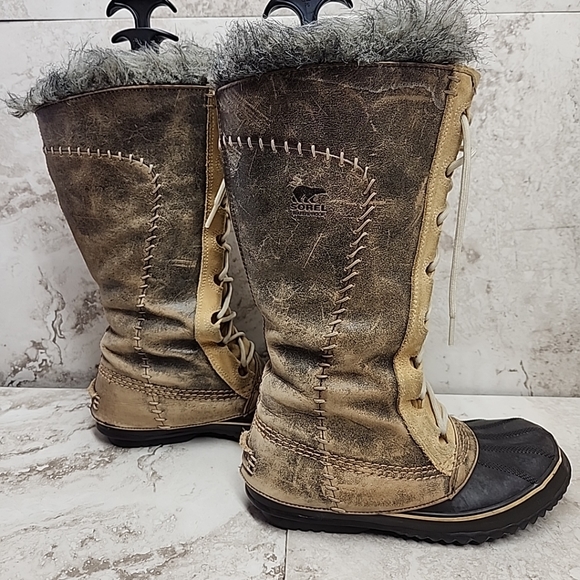 Sorel Shoes - Sorel Cate the Great Tall Leather Lace Up Boot in Biscotti Brown/Tan Size 7